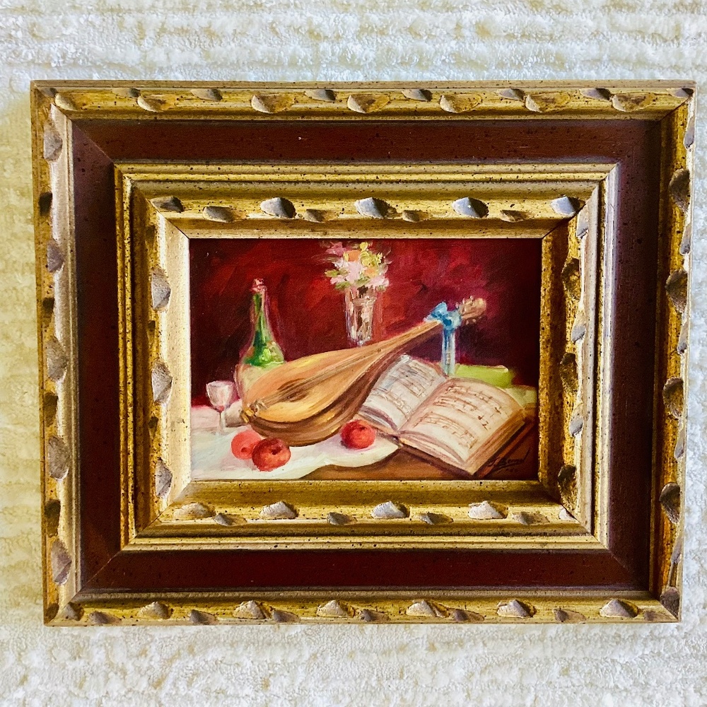 Vintage Original Art Painting Still Life Lute Music Framed Burgundy Gold Signed